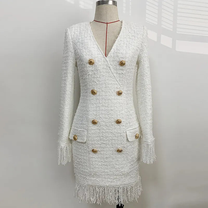2024 Fall Winter Newest Designer Dress Women's V-neck Long Sleeve Lion Buttons Tassel Fringed Tweed Dress