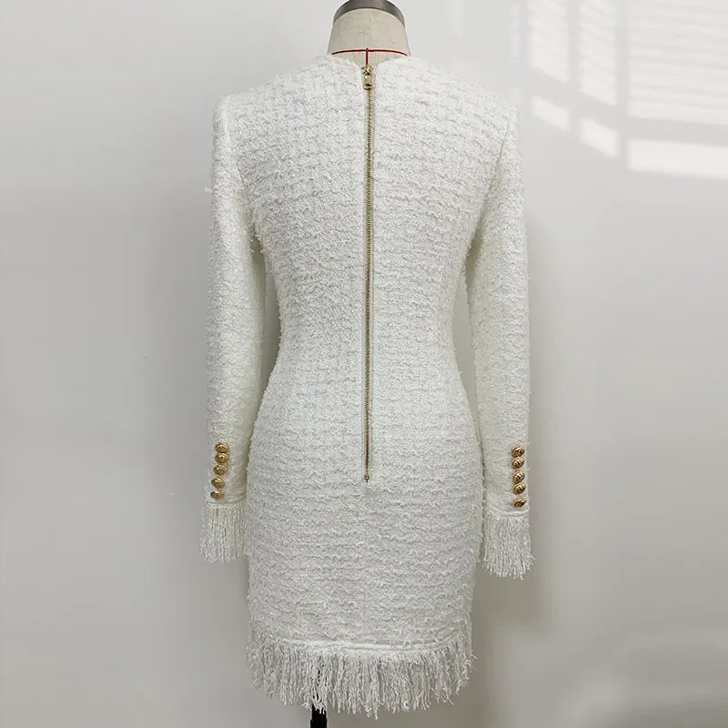 2024 Fall Winter Newest Designer Dress Women's V-neck Long Sleeve Lion Buttons Tassel Fringed Tweed Dress