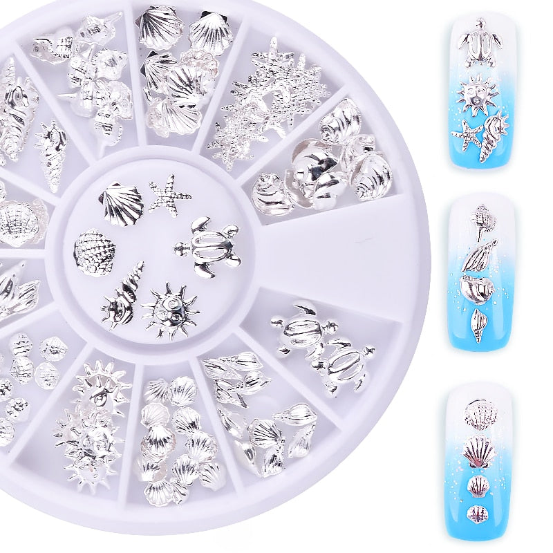 2024 Fashion Metal Sea Animal Stickers for Nails Cute Shell Shape Nail Art Decorations for Manicure