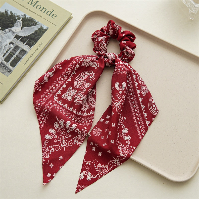 2024 Fashion Print Chiffon Long Ribbon Scrunchies Women Girls Ponytail Scarf Elastic Hair Bands Ties Hair Accessories Wholesale 40