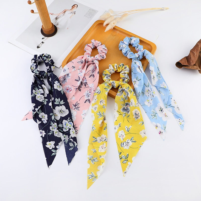 2024 Fashion Print Chiffon Long Ribbon Scrunchies Women Girls Ponytail Scarf Elastic Hair Bands Ties Hair Accessories Wholesale