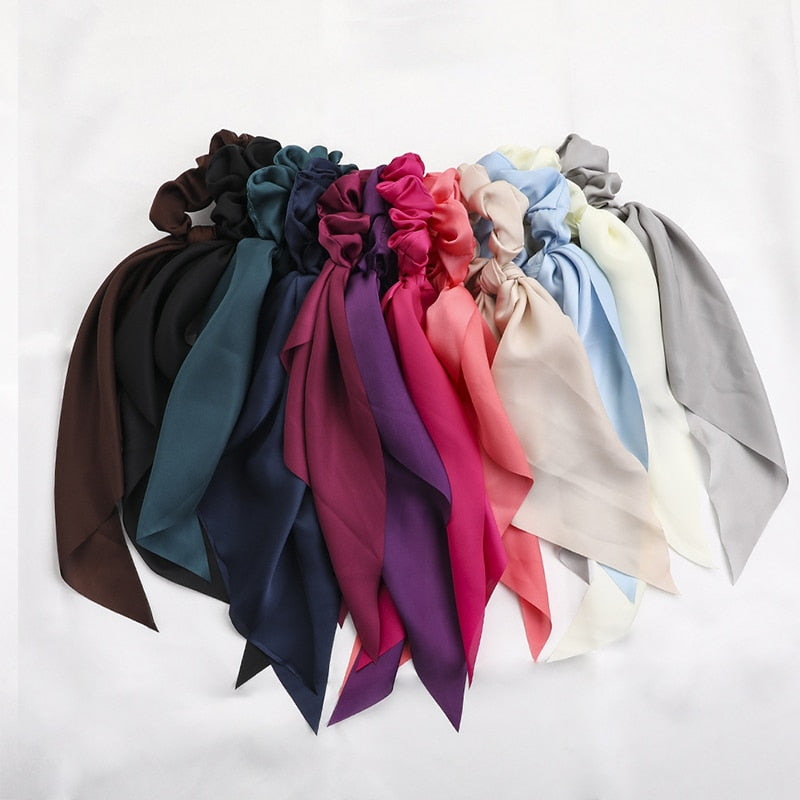 2024 Fashion Print Chiffon Long Ribbon Scrunchies Women Girls Ponytail Scarf Elastic Hair Bands Ties Hair Accessories Wholesale