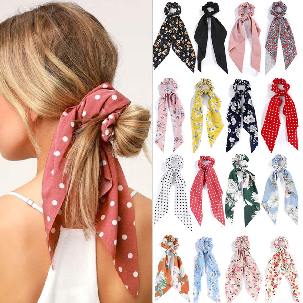 2024 Fashion Print Chiffon Long Ribbon Scrunchies Women Girls Ponytail Scarf Elastic Hair Bands Ties Hair Accessories Wholesale AMAIO