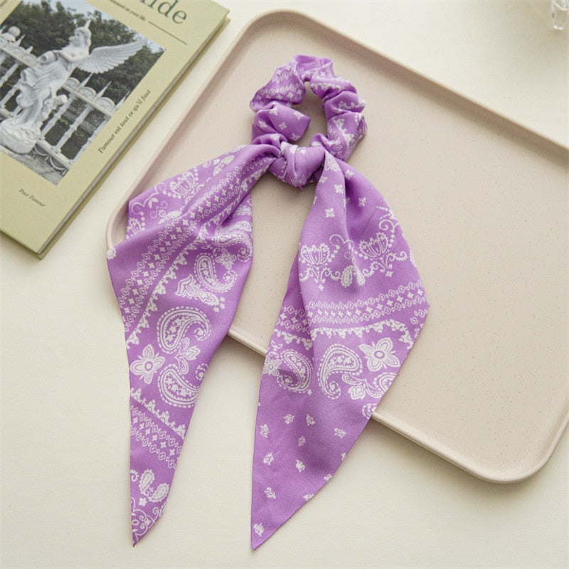 2024 Fashion Print Chiffon Long Ribbon Scrunchies Women Girls Ponytail Scarf Elastic Hair Bands Ties Hair Accessories Wholesale 45