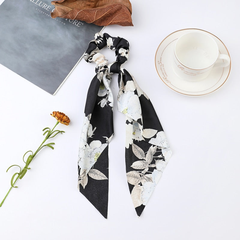 2024 Fashion Print Chiffon Long Ribbon Scrunchies Women Girls Ponytail Scarf Elastic Hair Bands Ties Hair Accessories Wholesale 3