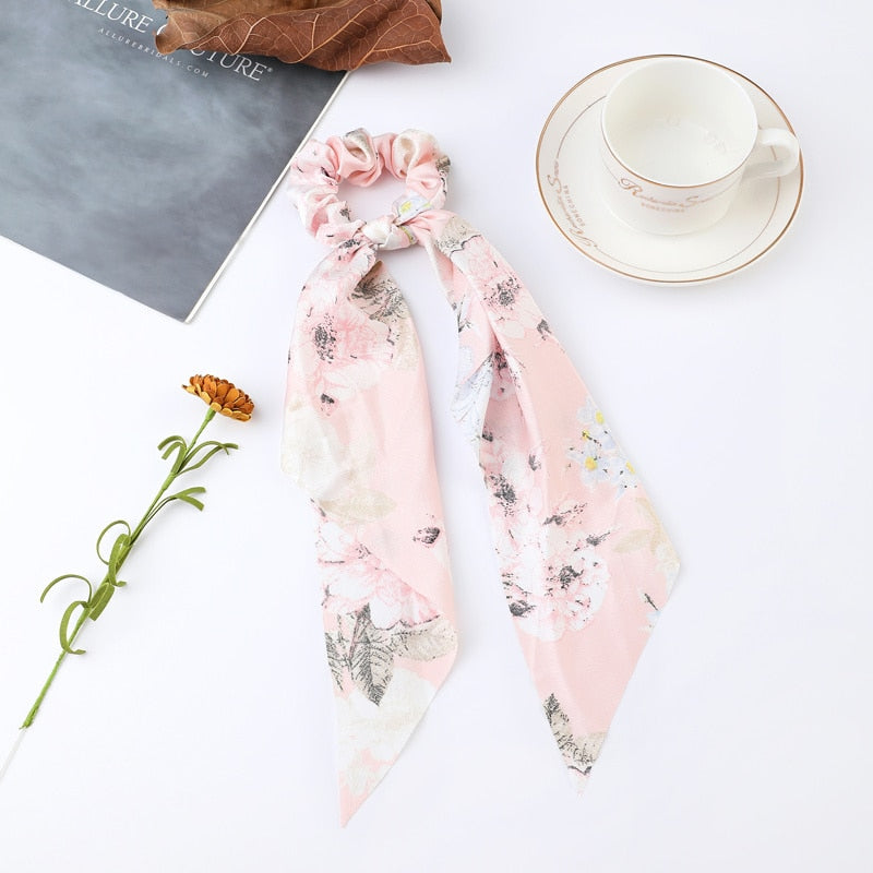 2024 Fashion Print Chiffon Long Ribbon Scrunchies Women Girls Ponytail Scarf Elastic Hair Bands Ties Hair Accessories Wholesale 5