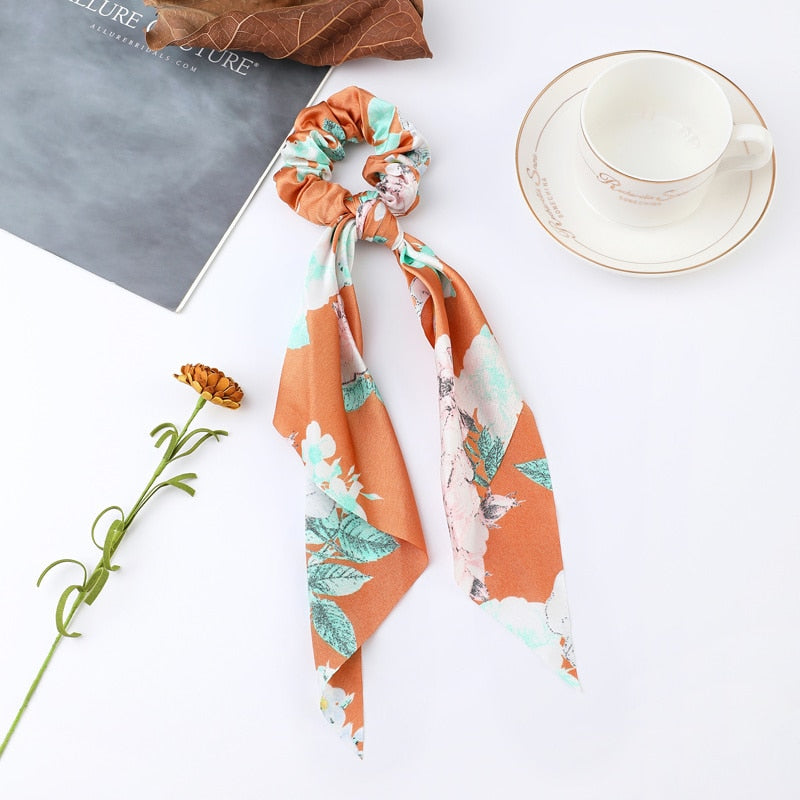 2024 Fashion Print Chiffon Long Ribbon Scrunchies Women Girls Ponytail Scarf Elastic Hair Bands Ties Hair Accessories Wholesale 1