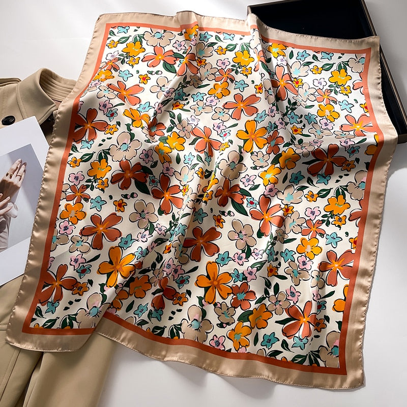 2024 Fashion Wraps Satin Hijab Luxury Square Scarf for Women Hair Bands Ribbon Headband Silk Shawl Neckerchief Female Bandana FJ727-1