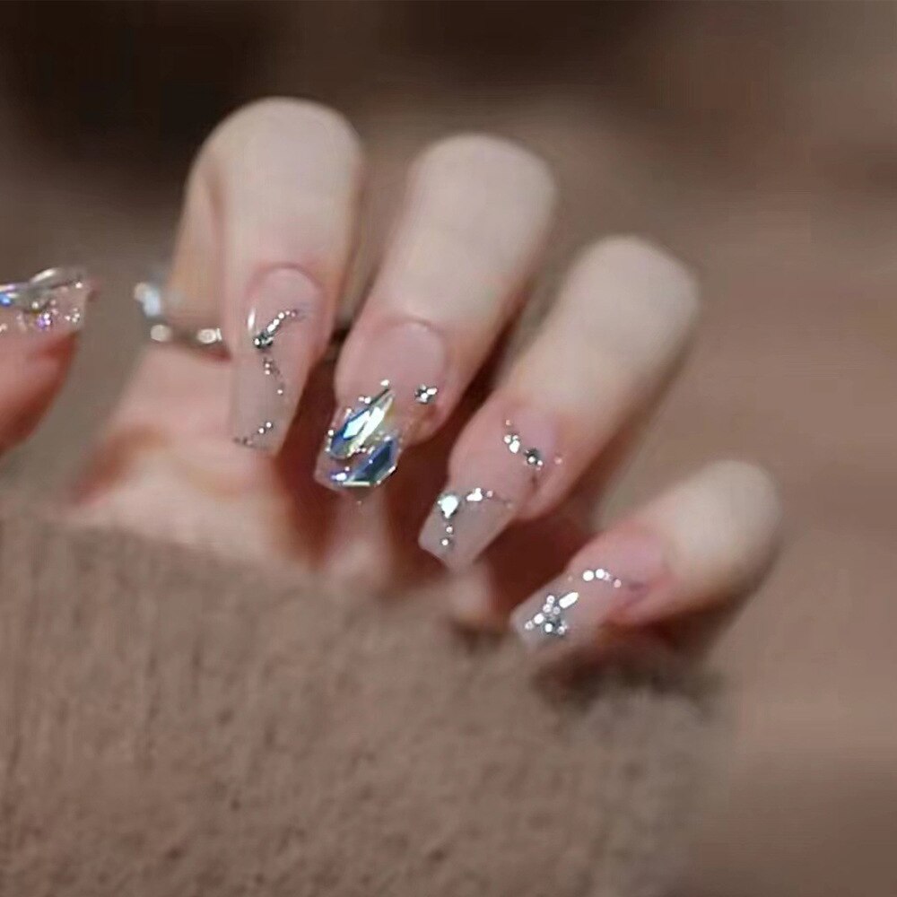 2024 Gradient Fake Nails Press on Nail Diamond Cross Art Long Tips False Forms with Glue Stick Stickers Reusable Set CZ117