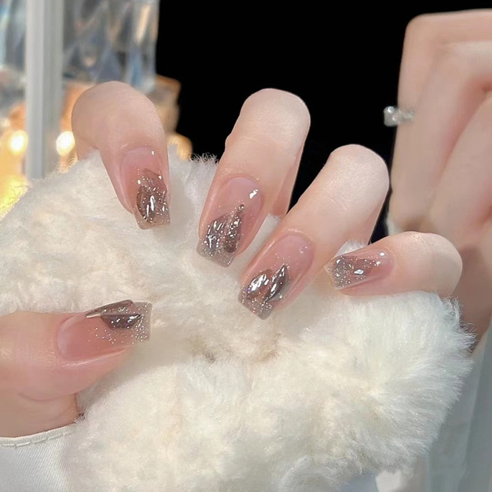 2024 Gradient Fake Nails Press on Nail Diamond Cross Art Long Tips False Forms with Glue Stick Stickers Reusable Set DZ197