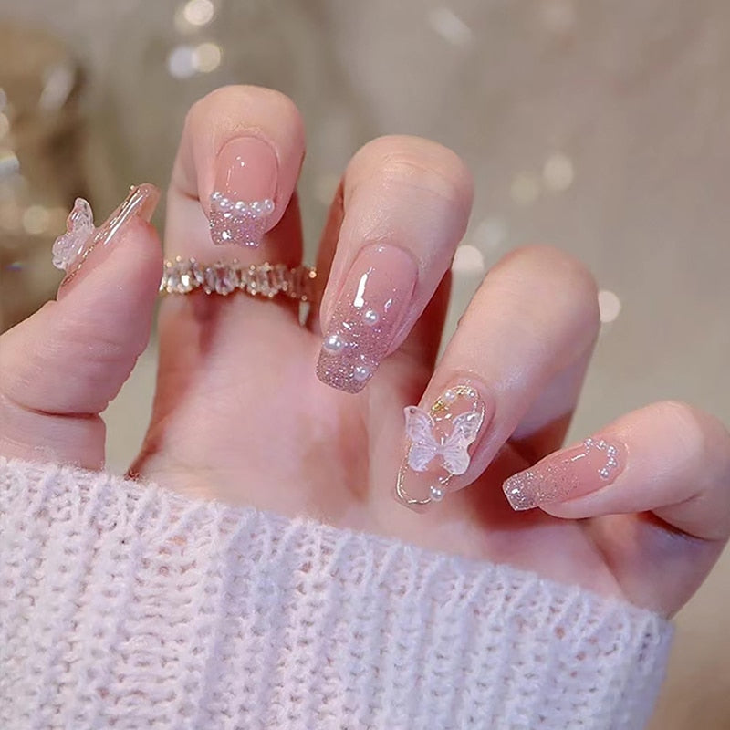 2024 Gradient Fake Nails Press on Nail Diamond Cross Art Long Tips False Forms with Glue Stick Stickers Reusable Set DZ063