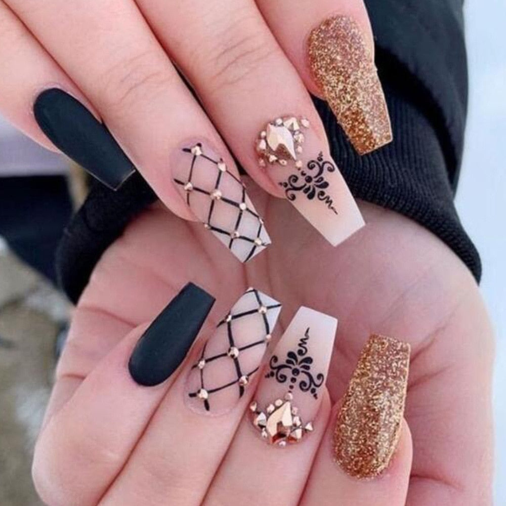 2024 Gradient Fake Nails Press on Nail Diamond Cross Art Long Tips False Forms with Glue Stick Stickers Reusable Set CZ144