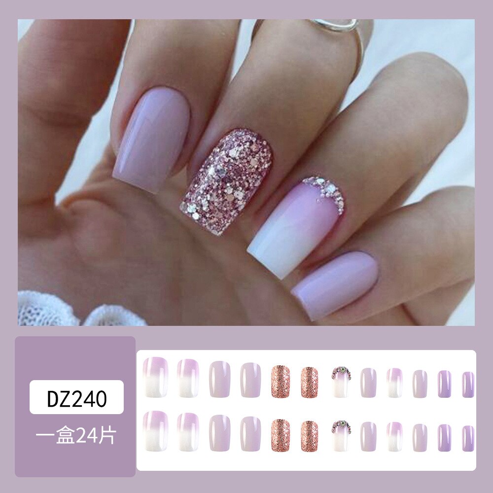 2024 Gradient Fake Nails Press on Nail Diamond Cross Art Long Tips False Forms with Glue Stick Stickers Reusable Set DZ240