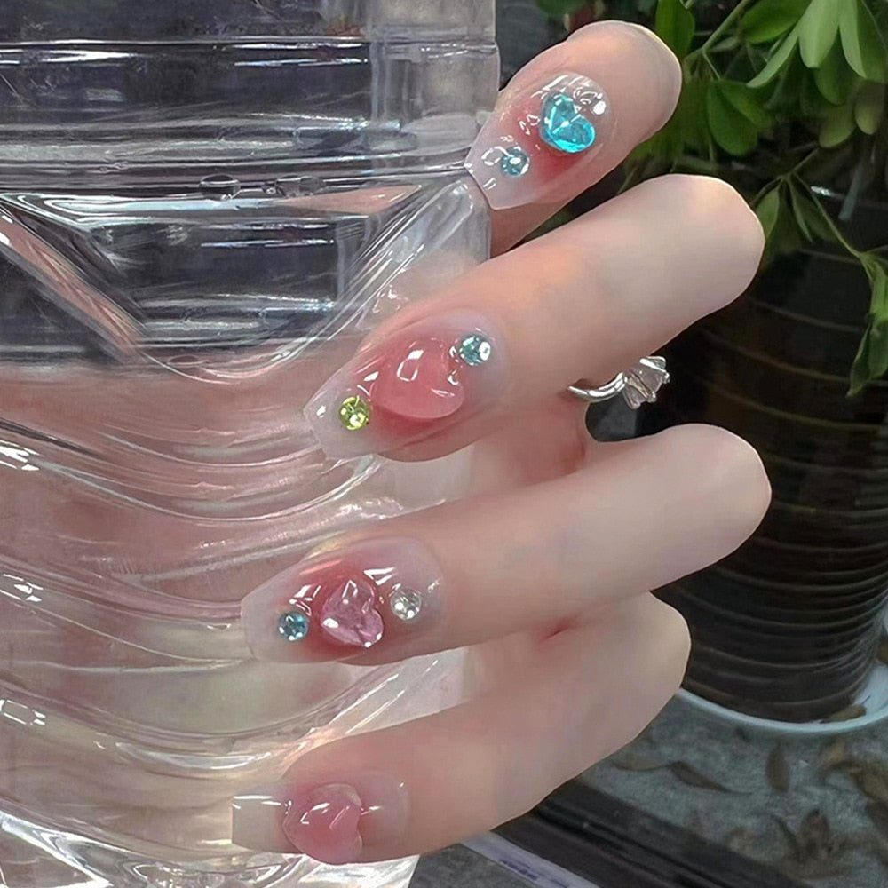 2024 Gradient Fake Nails Press on Nail Diamond Cross Art Long Tips False Forms with Glue Stick Stickers Reusable Set DZ069