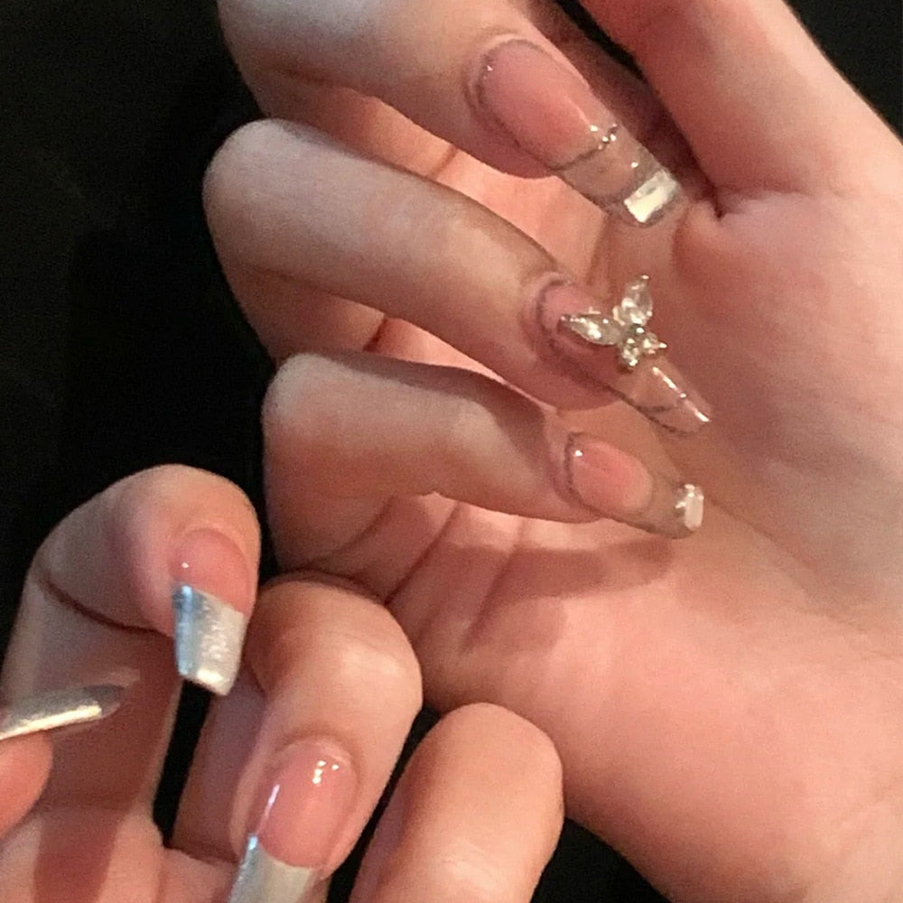 2024 Gradient Fake Nails Press on Nail Diamond Cross Art Long Tips False Forms with Glue Stick Stickers Reusable Set