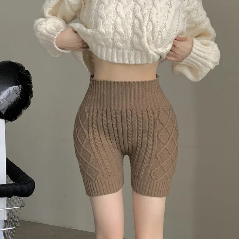 2024 Knitted Warm Safety Short Women Autumn Skinny Bottoming Shorts Woman Winter High Waist Hip Lifting Anti-Glare Shorts