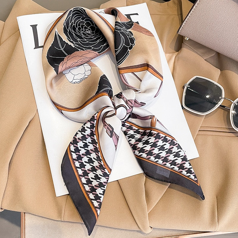 2024 Luxury Silk Shawl Square Scarf for Women Satin Hijab Fashion Wraps Neckerchief Female Hair Bands Ribbon Headband Bandana W-168-1 70x70