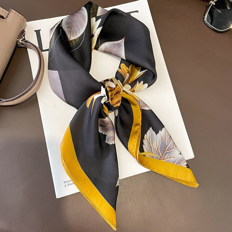 2024 Luxury Silk Shawl Square Scarf for Women Satin Hijab Fashion Wraps Neckerchief Female Hair Bands Ribbon Headband Bandana W-77-10 70x70