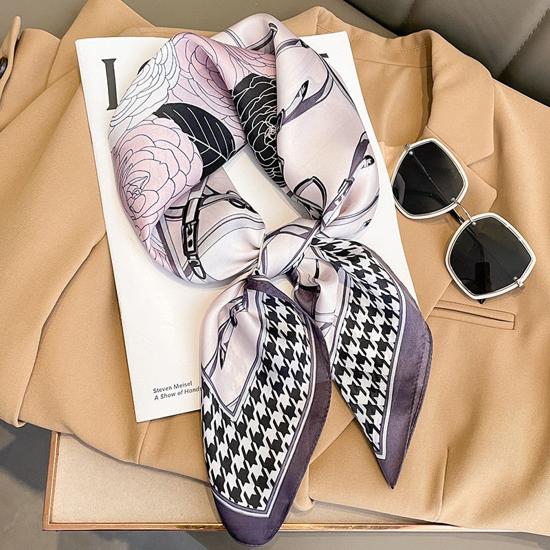 2024 Luxury Silk Shawl Square Scarf for Women Satin Hijab Fashion Wraps Neckerchief Female Hair Bands Ribbon Headband Bandana W-168-2 70x70