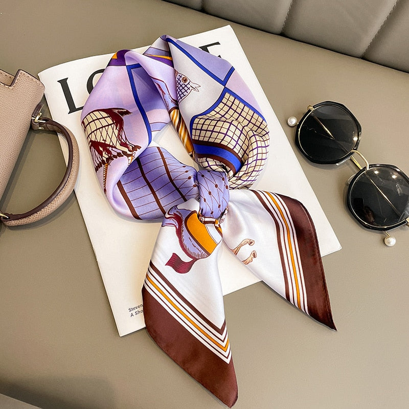 2024 Luxury Silk Shawl Square Scarf for Women Satin Hijab Fashion Wraps Neckerchief Female Hair Bands Ribbon Headband Bandana W-132-2 70x70