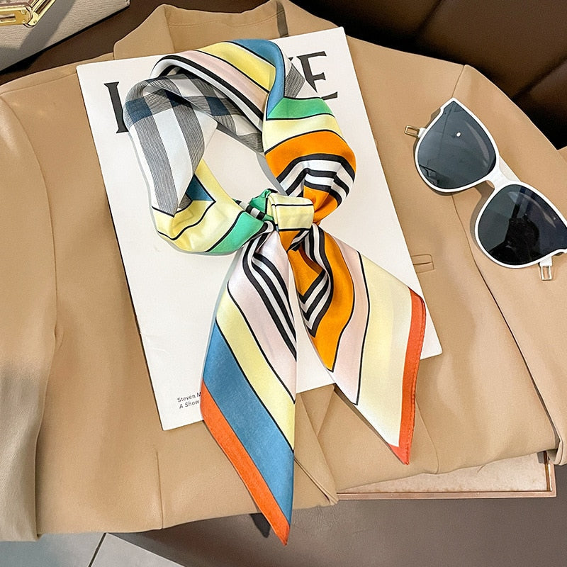 2024 Luxury Silk Shawl Square Scarf for Women Satin Hijab Fashion Wraps Neckerchief Female Hair Bands Ribbon Headband Bandana W-77-2 70x70