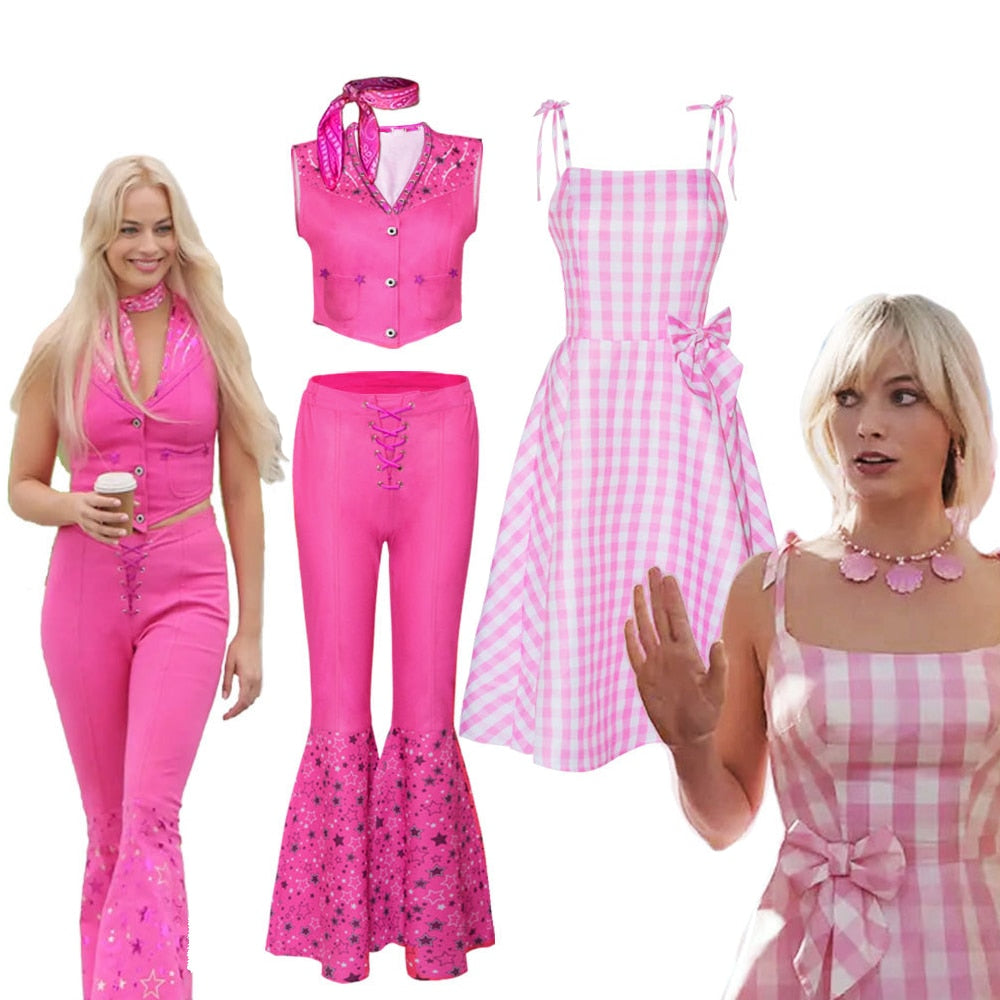 2024 Movie Margot Robbie's Barbie Costume Hot Starry Pink Top and Pants Barbie Set for Women Ladies Halloween Costume AMAIO