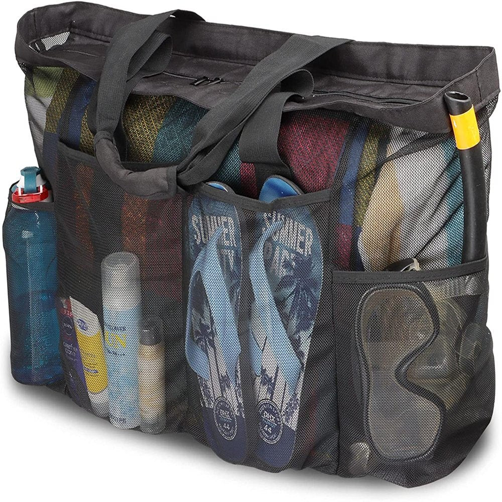 2024 NEW Extra Large Mesh Beach Bags and Totes Large Capacity Storage 30L/150lbs Durable Toy Tote Bag with Extra 8 Pockets&amp; Ins black27.5x8.7x18in