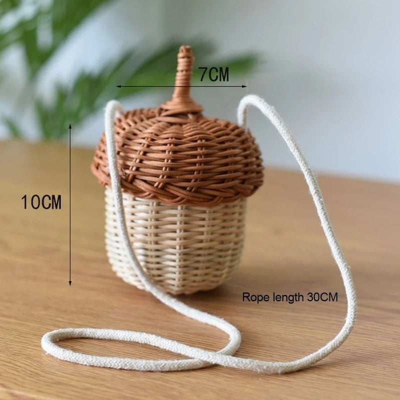 2024 New Acorn-shaped Storage Basket Hand-woven Round Rattan Bag Bucket Tropical Beach Style Woven Shoulder Bag Photo Props Default Title