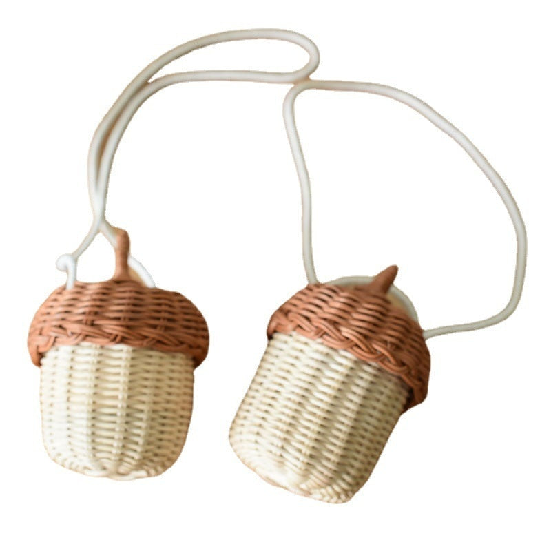 2024 New Acorn-shaped Storage Basket Hand-woven Round Rattan Bag Bucket Tropical Beach Style Woven Shoulder Bag Photo Props