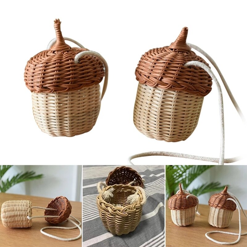 2024 New Acorn-shaped Storage Basket Hand-woven Round Rattan Bag Bucket Tropical Beach Style Woven Shoulder Bag Photo Props