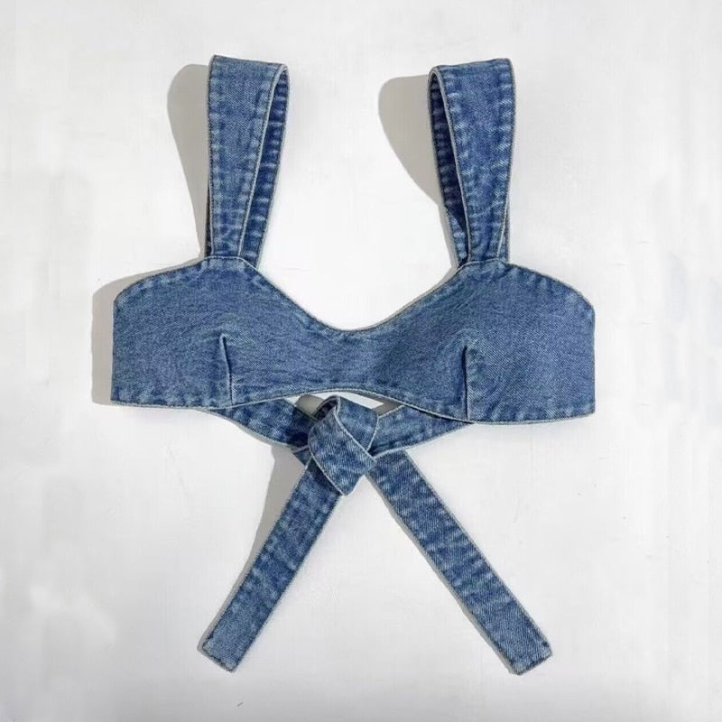 2024 New Arrive Woman Summer Jean Bra Tops Sexy Super Short Cowboy Suit Blouses Bandage Shirts L