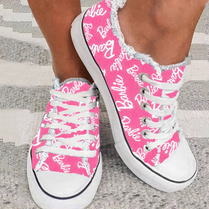 2024 New Barbie 3D Printing Letters Large Size Canvas Shoes Women Students Flat Casual Shoes Fashion Women Sports Board Shoes letter