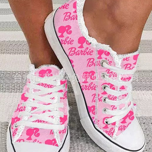 2024 New Barbie 3D Printing Letters Large Size Canvas Shoes Women Students Flat Casual Shoes Fashion Women Sports Board Shoes head letter