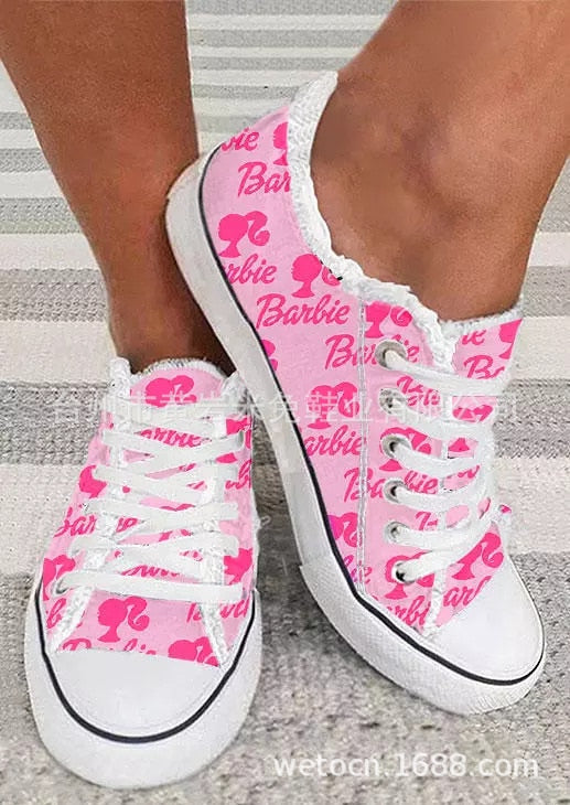 2024 New Barbie 3D Printing Letters Large Size Canvas Shoes Women Students Flat Casual Shoes Fashion Women Sports Board Shoes head letter