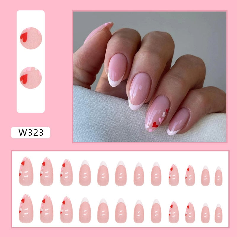 2024 New Cute Cat Printed Fake Nails Almond Head Full Cover Press on FIngernails Cartton Pink Acrylic Nail Art Tips for Girls H2