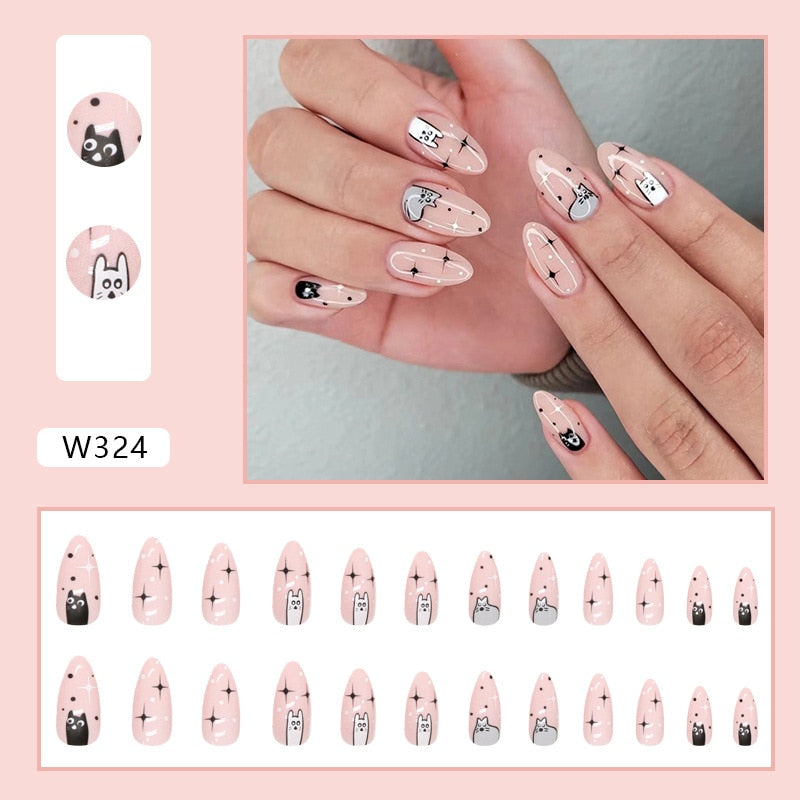 2024 New Cute Cat Printed Fake Nails Almond Head Full Cover Press on FIngernails Cartton Pink Acrylic Nail Art Tips for Girls H1