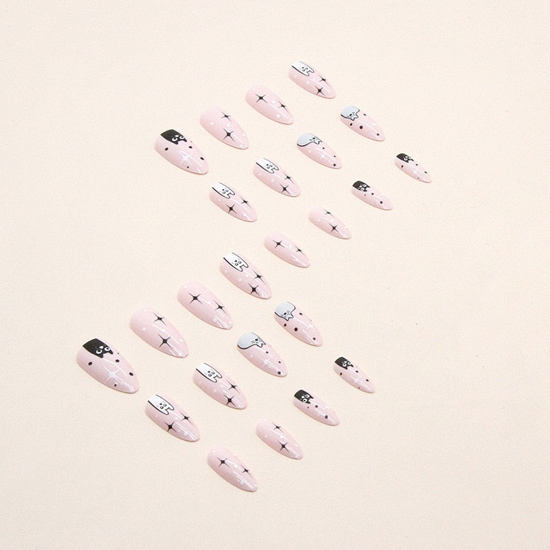 2024 New Cute Cat Printed Fake Nails Almond Head Full Cover Press on FIngernails Cartton Pink Acrylic Nail Art Tips for Girls