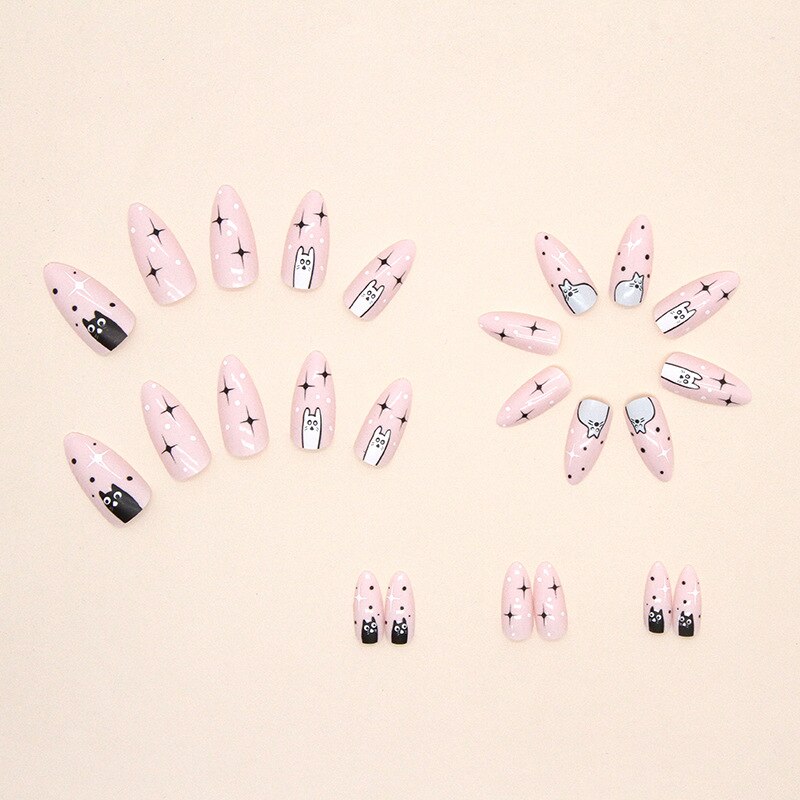 2024 New Cute Cat Printed Fake Nails Almond Head Full Cover Press on FIngernails Cartton Pink Acrylic Nail Art Tips for Girls