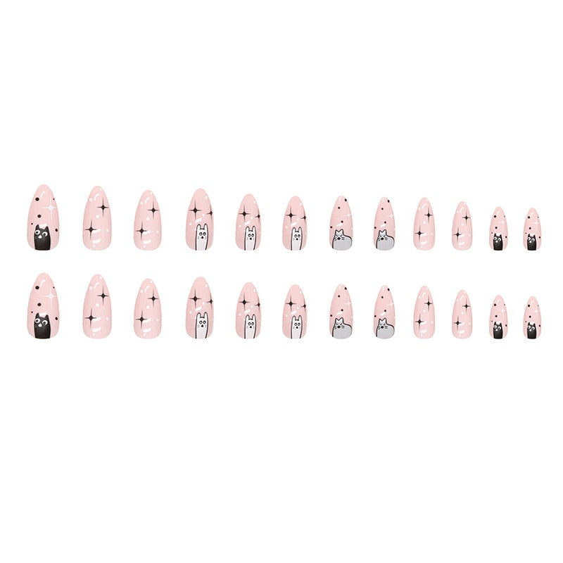 2024 New Cute Cat Printed Fake Nails Almond Head Full Cover Press on FIngernails Cartton Pink Acrylic Nail Art Tips for Girls