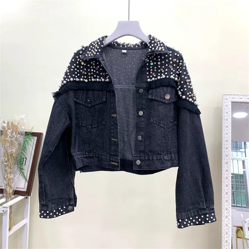 2024 New Fashion Bead Diamond Denim Jacket Women Coat Hand-studded Tassel Femme Loose Short Jeans Coats Student Streetwear P390