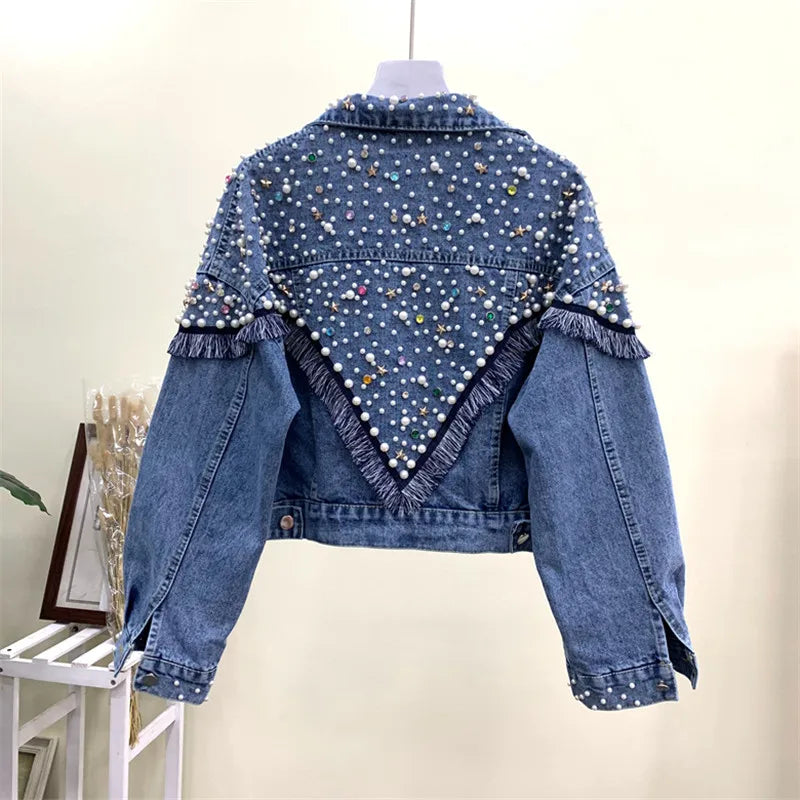 2024 New Fashion Bead Diamond Denim Jacket Women Coat Hand-studded Tassel Femme Loose Short Jeans Coats Student Streetwear P390 blue