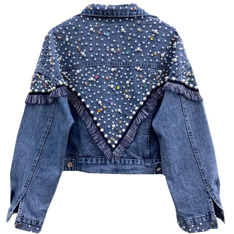 2024 New Fashion Bead Diamond Denim Jacket Women Coat Hand-studded Tassel Femme Loose Short Jeans Coats Student Streetwear P390 AMAIO