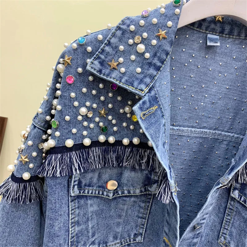 2024 New Fashion Bead Diamond Denim Jacket Women Coat Hand-studded Tassel Femme Loose Short Jeans Coats Student Streetwear P390