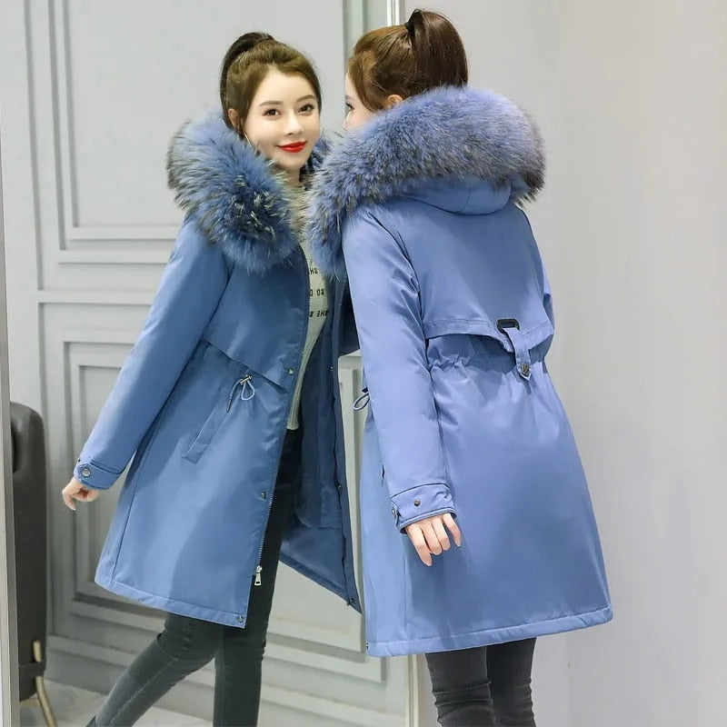 2024 New Fashion Long Winter Coat Women Clothing Wool Liner Hooded Parkas Slim With Fur Collar Warm Winter Jacket Women 6XL