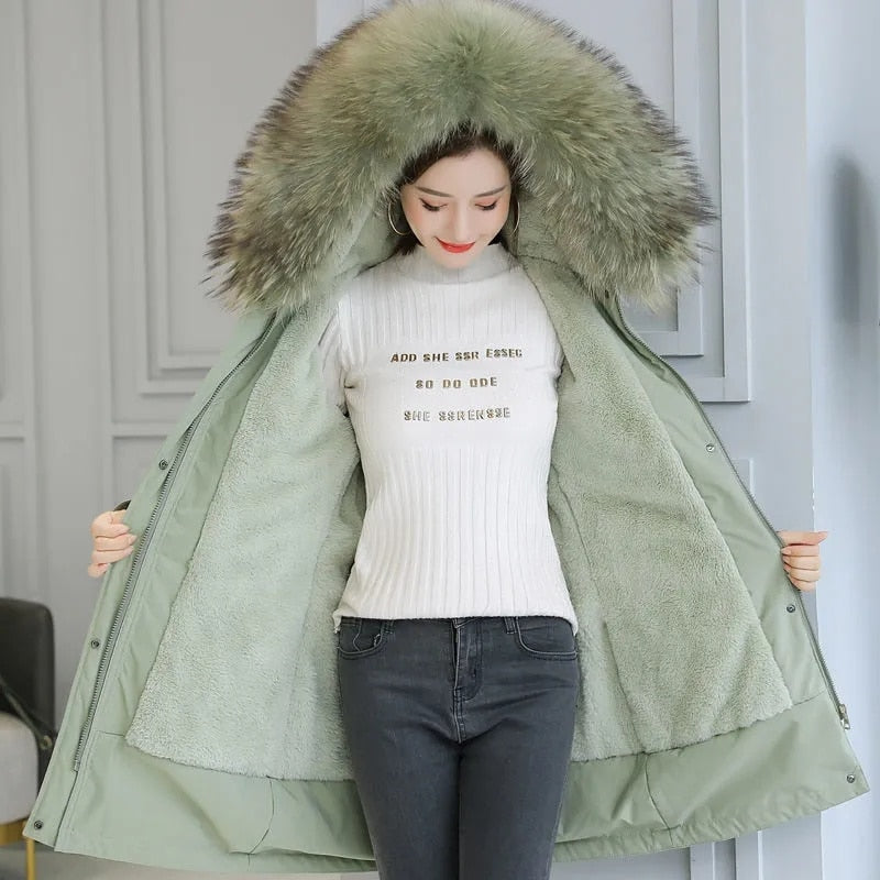 2024 New Fashion Long Winter Coat Women Clothing Wool Liner Hooded Parkas Slim With Fur Collar Warm Winter Jacket Women 6XL Green