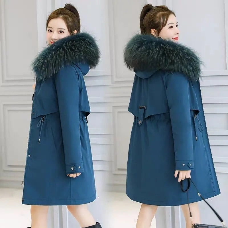 2024 New Fashion Long Winter Coat Women Clothing Wool Liner Hooded Parkas Slim With Fur Collar Warm Winter Jacket Women 6XL Navy blue