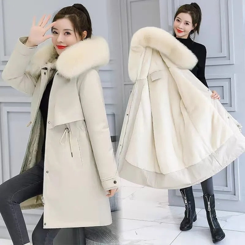 2024 New Fashion Long Winter Coat Women Clothing Wool Liner Hooded Parkas Slim With Fur Collar Warm Winter Jacket Women 6XL creamy white