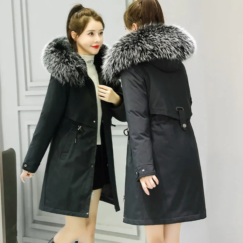 2024 New Fashion Long Winter Coat Women Clothing Wool Liner Hooded Parkas Slim With Fur Collar Warm Winter Jacket Women 6XL Black