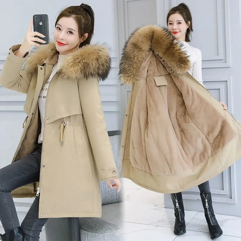 2024 New Fashion Long Winter Coat Women Clothing Wool Liner Hooded Parkas Slim With Fur Collar Warm Winter Jacket Women 6XL Khaki