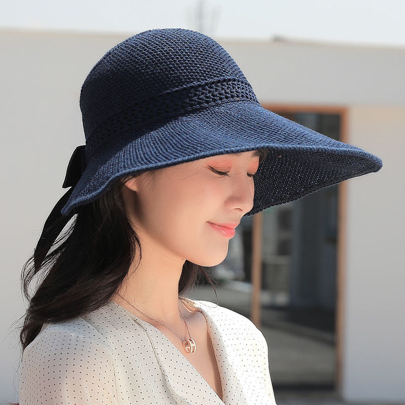Women's Foldable Floppy Hat, Fashion Bow Wide Brim Sun Protection Hats,  Summer Uv Protection Cap Travel Outdoor Beach Visor Caps